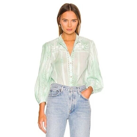 LoveShackFancy Ronda Embroidered Lace Trim Blouse in Jade Mist Hand Dye - Picture 2 of 11